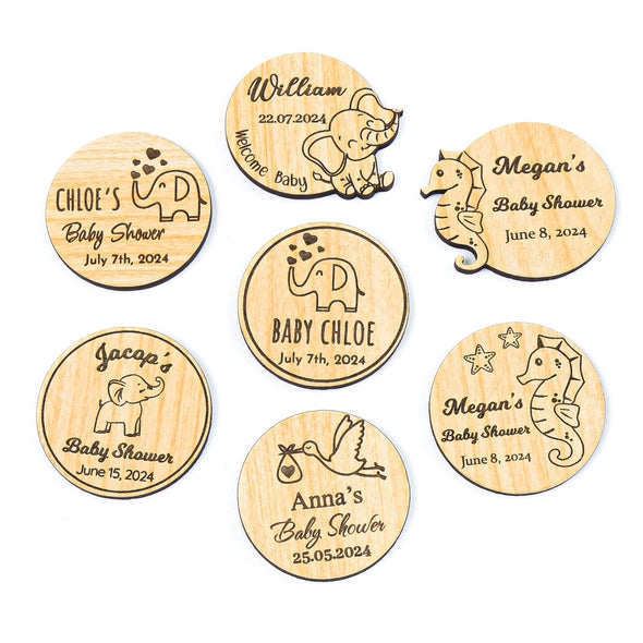 Personalized Wooden Baby Shower Magnet, Custom Fridge Magnet, Baptism, First Communion Favor, Wedding Party Favor Guest Items designed by Happy Times Favors, a handmade gift shop. These tags are ideal as baby shower favors, baby shower decorations, first communion gifts, christening party favors, baptism party favors, christening favors, thank you gifts, wedding favors, bridal shower favors, engagement favors, birthday favors.