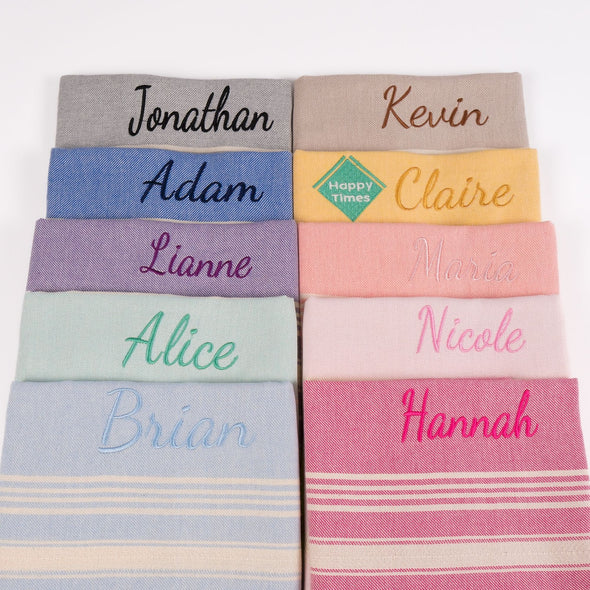 Personalized Turkish Beach Towel, Hammam Towel, Bath Towel with Name,  Bridesmaid Personalized Gift Towel Embroidery, Wedding Favor for Guest Items designed by Happy Times Favors, a handmade gift shop. These beach towels are best for bridesmaid proposal, bridal shower, wedding, gift for the beach, girlfriend gift, home decor gifts, boyfriend gift, best friend gift, Bachelor Party Favors, housewarming gift, bath and baby shower, baptism or any other events.