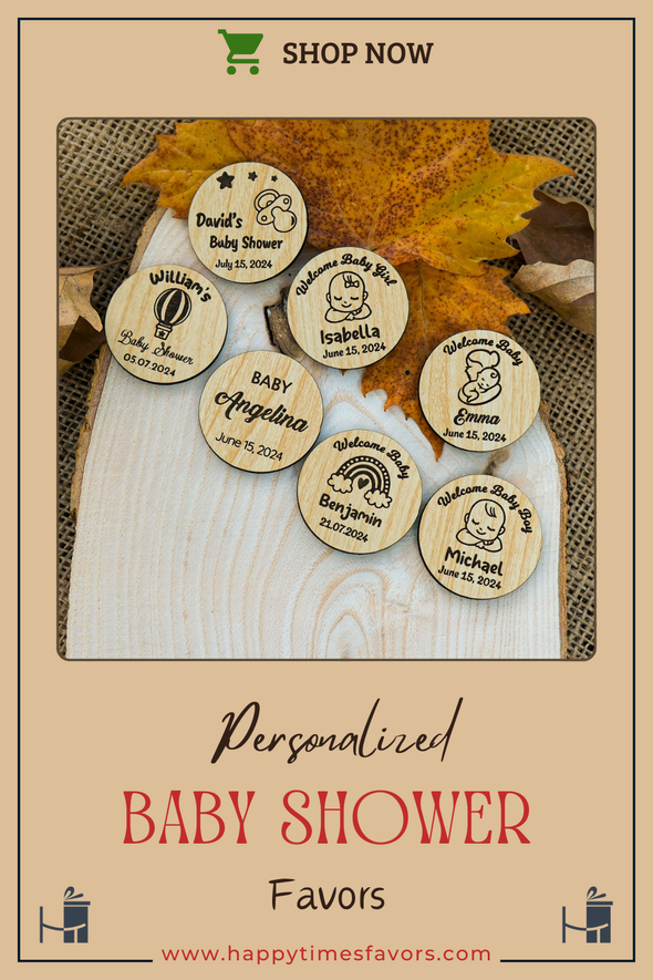 Personalized Wooden Baby Shower Magnet, Custom Fridge Magnet, Baptism, First Communion Favor, Wedding Party Favor Guest Items designed by Happy Times Favors, a handmade gift shop. These tags are ideal as baby shower favors, baby shower decorations, first communion gifts, christening party favors, baptism party favors, christening favors, thank you gifts, wedding favors, bridal shower favors, engagement favors, birthday favors.