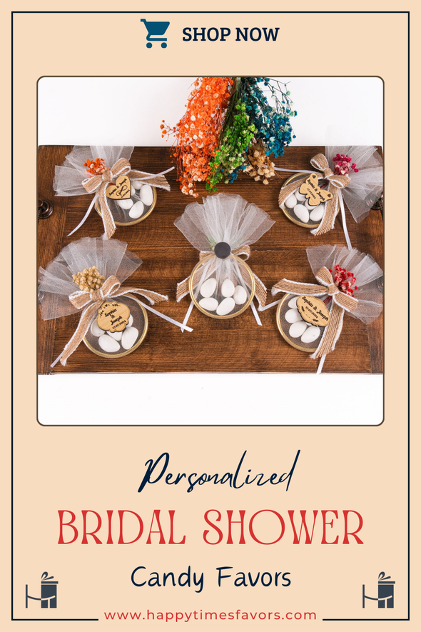 Bridal Shower Almond Candy Favors for Guests in Bulk, Rustic Wedding Magnet Favor, Candy Magnet Tulle Flower Gift, Personalized Bulk Gifts Items designed by Happy Times Favors, a handmade gift shop. These items are ideal for bridal shower gifts, bridal shower presents, gifts to give at a bridal shower, present for wedding shower, wedding gift ideas, bridesmaid present, bridal shower favor, wedding favor for guests, wedding gift for guests, thank you gift.