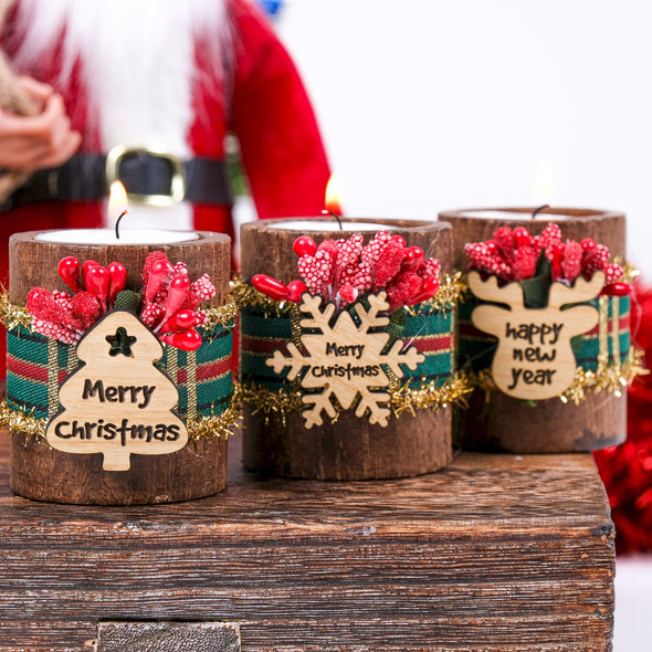 Personalized Christmas Gift, Christmas Wooden Candle Holder, Noel New Year Happy Holiday Gifts, Christmas 2024 Ornament, Gift Exchange Items designed by Happy Times Favors, a handmade gift shop. Wooden candle holder decorated with flowers. Are ideal for Christmas, Noel, New Year, and party gifts.  Personalized ornaments, Christmas table decorations, Christmas decoration, Christmas ornament, Christmas gift, Custom Xmas ornaments, Unique Xmas gifts.