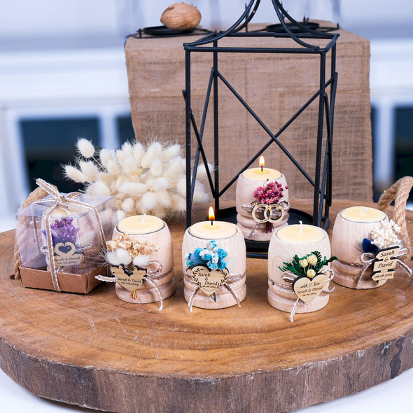 Personalized Wedding Favors for Guests, Rustic Candle Favors, Bridal Shower Tealight Holders, Thank You Favor, Floral Wooden Wedding Favor Items designed by Happy Times Favors, a handmade gift shop. These items are ideal for bridal shower gifts, bridal shower presents, gifts to give at a bridal shower, present for wedding shower,  wedding gift ideas, bridesmaid present, bridal shower favor, wedding favor for guests, wedding gift for guests, thank you gift