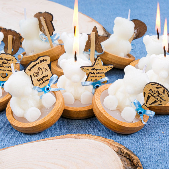 Personalized Baby Shower Candle Favor, Bear Shaped Candle with Wood Candle Handle, Christening Gift Items designed by Happy Times Favors, handmade gift shop. Candles are designed for baby shower favor, bridal shower, baby shower, christening gift, wedding etc.