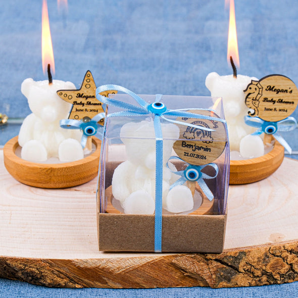 Personalized Baby Shower Candle Favor, Bear Shaped Candle with Wood Candle Handle, Christening Gift Items designed by Happy Times Favors, handmade gift shop. Candles are designed for baby shower favor, bridal shower, baby shower, christening gift, wedding etc.