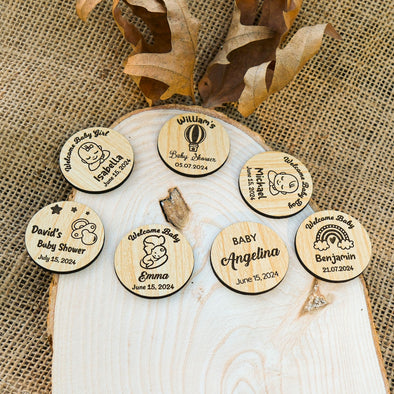 Personalized Wooden Baby Shower Magnet, Custom Fridge Magnet, Baptism, First Communion Favor, Wedding Party Favor Guest Items designed by Happy Times Favors, a handmade gift shop. These tags are ideal as baby shower favors, baby shower decorations, first communion gifts, christening party favors, baptism party favors, christening favors, thank you gifts, wedding favors, bridal shower favors, engagement favors, birthday favors.
