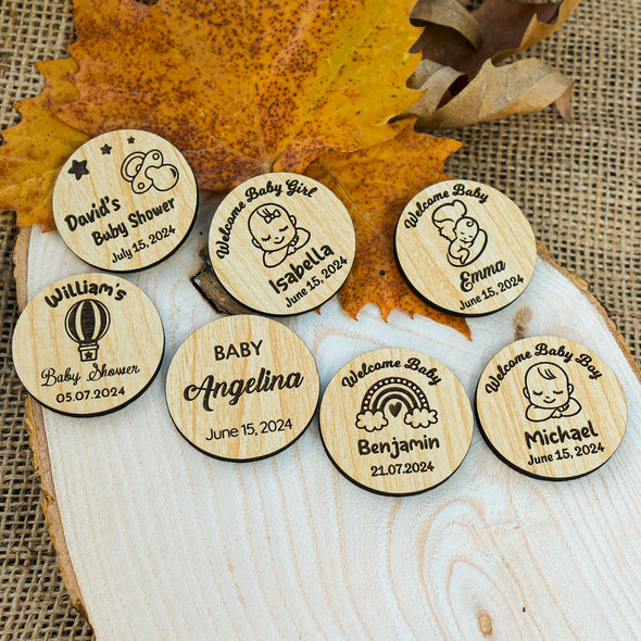 Personalized Wooden Baby Shower Magnet, Custom Fridge Magnet, Baptism, First Communion Favor, Wedding Party Favor Guest Items designed by Happy Times Favors, a handmade gift shop. These tags are ideal as baby shower favors, baby shower decorations, first communion gifts, christening party favors, baptism party favors, christening favors, thank you gifts, wedding favors, bridal shower favors, engagement favors, birthday favors.