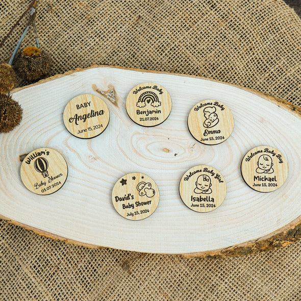 Personalized Wooden Baby Shower Magnet, Custom Fridge Magnet, Baptism, First Communion Favor, Wedding Party Favor Guest Items designed by Happy Times Favors, a handmade gift shop. These tags are ideal as baby shower favors, baby shower decorations, first communion gifts, christening party favors, baptism party favors, christening favors, thank you gifts, wedding favors, bridal shower favors, engagement favors, birthday favors.