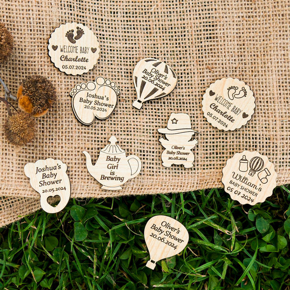 Personalized Wooden Baby Shower Magnet, Custom Fridge Magnet, Baptism, First Communion Favor, Wedding Party Favor Guest Items designed by Happy Times Favors, a handmade gift shop. These tags are ideal as baby shower favors, baby shower decorations, first communion gifts, christening party favors, baptism party favors, christening favors, thank you gifts, wedding favors, bridal shower favors, engagement favors, birthday favors.