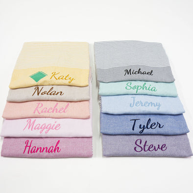 Personalized Turkish Beach Towel, Bath Towel with Name, Hammam Towel, Bridesmaid Personalized Gift Towel Embroidery, Wedding Favor for Guest Items designed by Happy Times Favors, a handmade gift shop. These beach towels are best for bridesmaid proposal, bridal shower, wedding, gift for the beach, girlfriend gift, home decor gifts, boyfriend gift, best friend gift, Bachelor Party Favors, housewarming gift, bath and baby shower, baptism or any other events.