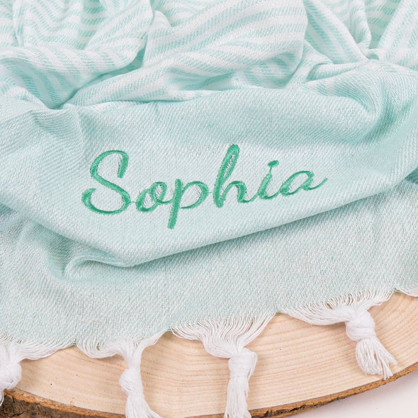 Personalized Turkish Beach Towel, Bath Towel with Name, Hammam Towel, Bridesmaid Personalized Gift Towel Embroidery, Wedding Favor for Guest Items designed by Happy Times Favors, a handmade gift shop. These beach towels are best for bridesmaid proposal, bridal shower, wedding, gift for the beach, girlfriend gift, home decor gifts, boyfriend gift, best friend gift, Bachelor Party Favors, housewarming gift, bath and baby shower, baptism or any other events.