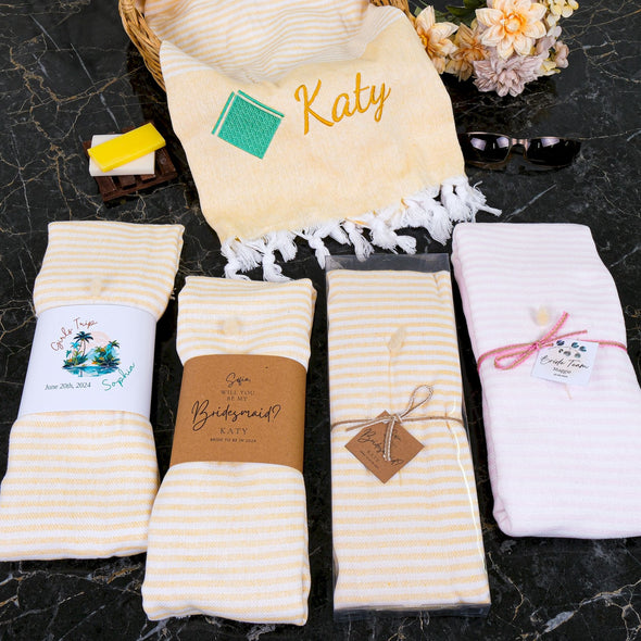 Personalized Turkish Beach Towel, Bath Towel with Name, Hammam Towel, Bridesmaid Personalized Gift Towel Embroidery, Wedding Favor for Guest Items designed by Happy Times Favors, a handmade gift shop. These beach towels are best for bridesmaid proposal, bridal shower, wedding, gift for the beach, girlfriend gift, home decor gifts, boyfriend gift, best friend gift, Bachelor Party Favors, housewarming gift, bath and baby shower, baptism or any other events.