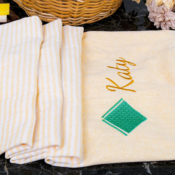 Personalized Turkish Beach Towel, Bath Towel with Name, Hammam Towel, Bridesmaid Personalized Gift Towel Embroidery, Wedding Favor for Guest Items designed by Happy Times Favors, a handmade gift shop. These beach towels are best for bridesmaid proposal, bridal shower, wedding, gift for the beach, girlfriend gift, home decor gifts, boyfriend gift, best friend gift, Bachelor Party Favors, housewarming gift, bath and baby shower, baptism or any other events.