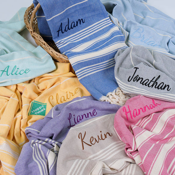 Personalized Turkish Beach Towel, Hammam Towel, Bath Towel with Name,  Bridesmaid Personalized Gift Towel Embroidery, Wedding Favor for Guest Items designed by Happy Times Favors, a handmade gift shop. These beach towels are best for bridesmaid proposal, bridal shower, wedding, gift for the beach, girlfriend gift, home decor gifts, boyfriend gift, best friend gift, Bachelor Party Favors, housewarming gift, bath and baby shower, baptism or any other events.