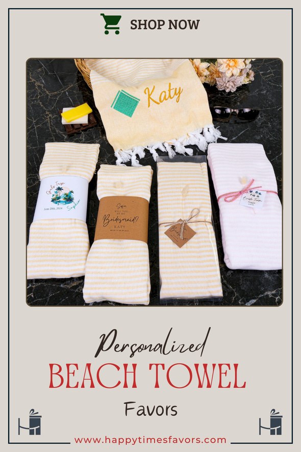 Personalized Turkish Beach Towel, Bath Towel with Name, Hammam Towel, Bridesmaid Personalized Gift Towel Embroidery, Wedding Favor for Guest Items designed by Happy Times Favors, a handmade gift shop. These beach towels are best for bridesmaid proposal, bridal shower, wedding, gift for the beach, girlfriend gift, home decor gifts, boyfriend gift, best friend gift, Bachelor Party Favors, housewarming gift, bath and baby shower, baptism or any other events.